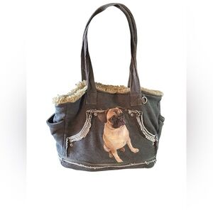 Fuzzy nation VTG Y2K pug tote bag w faux fur interior distressed LG shoulder bag